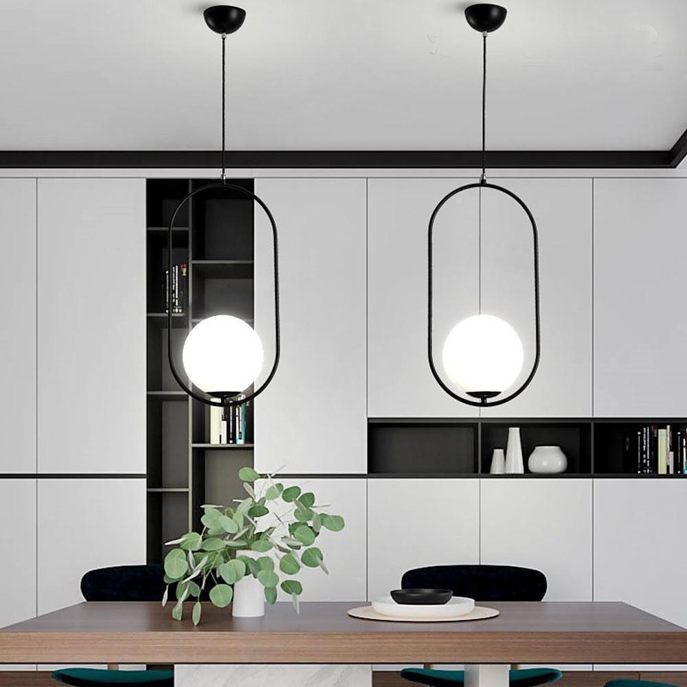 Modern Black Glass Globe Pendant Light with Rounded Rectangle Frame for Kitchen Island Lighting