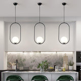 Modern Black Glass Globe Pendant Light with Rounded Rectangle Frame for Kitchen Island Lighting