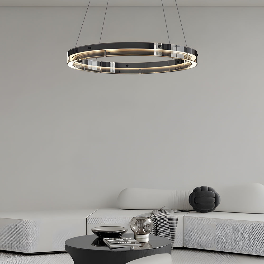 Modern Black Glass LED Ring Pendant Chandelier Dimmable Circular Hanging Light for Dining Room