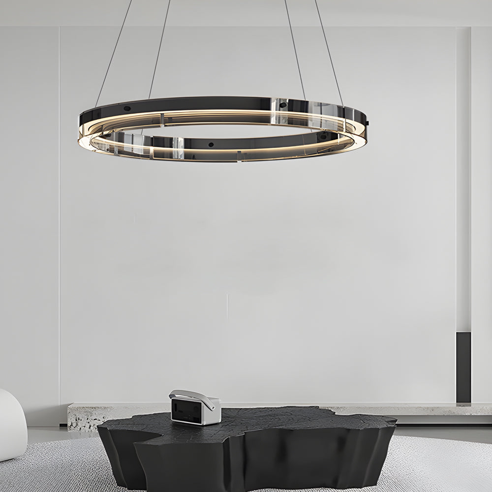 Modern Black Glass LED Ring Pendant Chandelier Dimmable Circular Hanging Light for Dining Room