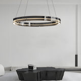 Modern Black Glass LED Ring Pendant Chandelier Dimmable Circular Hanging Light for Dining Room
