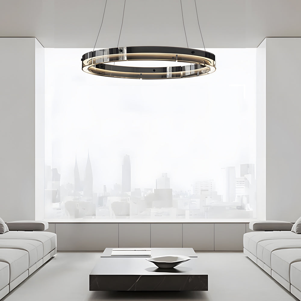 Modern Black Glass LED Ring Pendant Chandelier Dimmable Circular Hanging Light for Dining Room