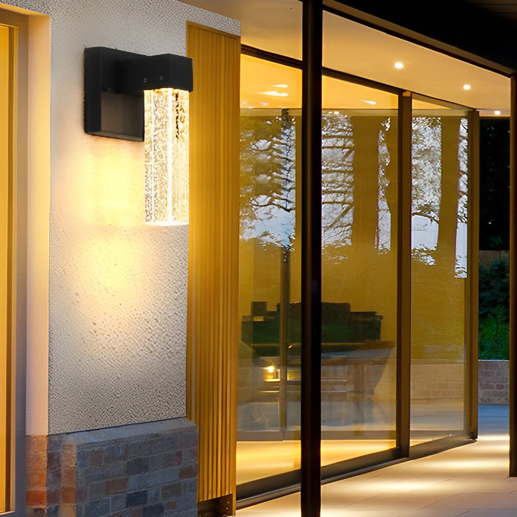 Modern Black LED Outdoor Wall Sconce with Bubble Crystal Shade 10W Waterproof Exterior Light