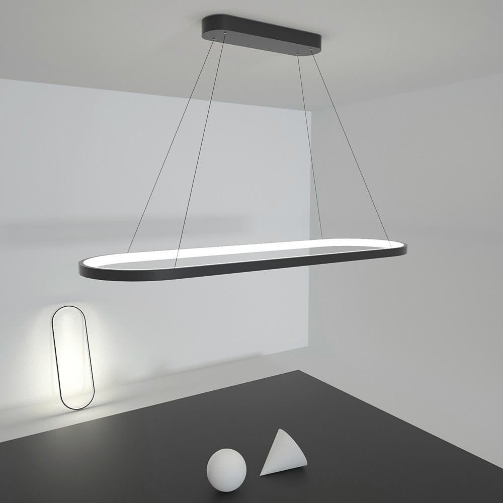 Modern Black LED Oval Pendant Light with Remote Control Dimmable Hanging Chandelier for Dining Room