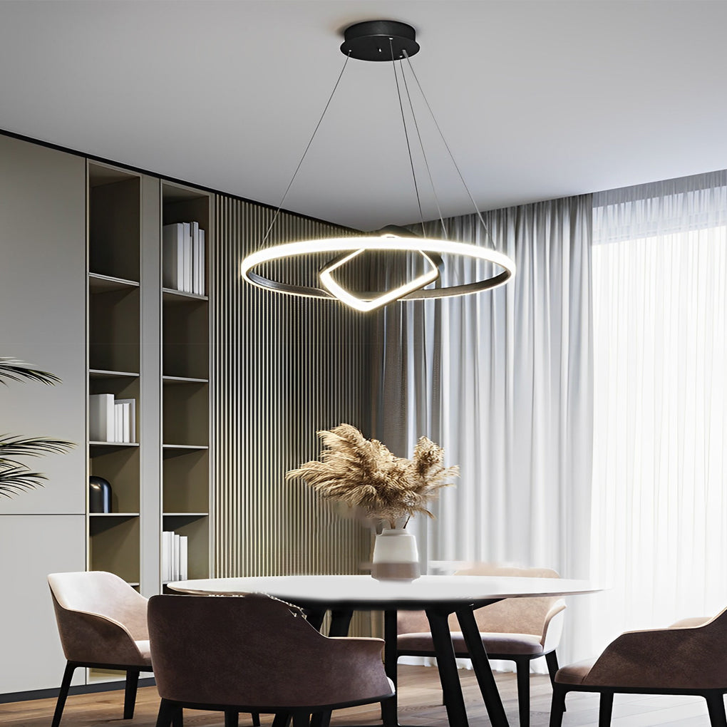 Modern Black LED Pendant Light with Rotatable Inner Ring and Stepless Dimming for Dining Room