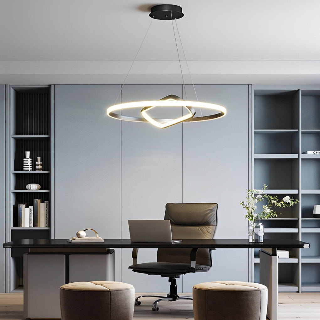 Modern Black LED Pendant Light with Rotatable Inner Ring and Stepless Dimming for Dining Room