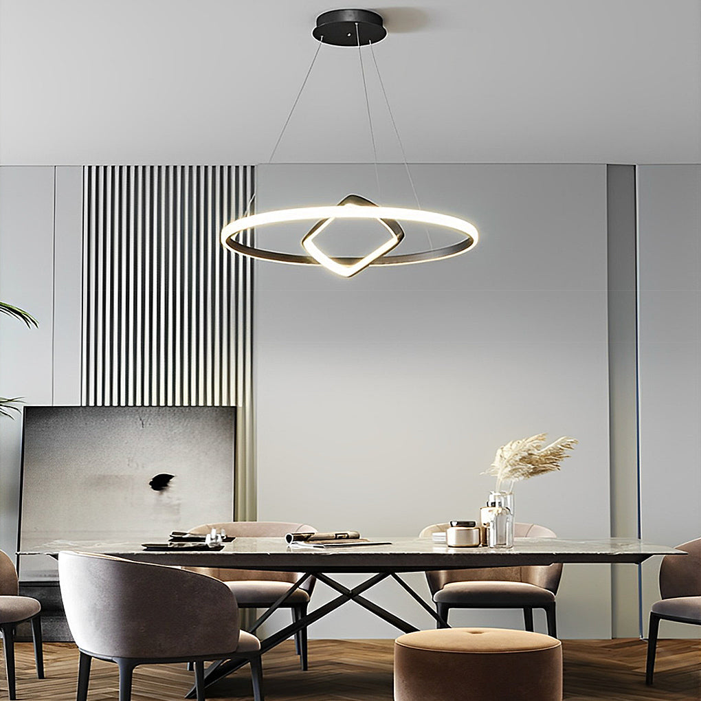 Modern Black LED Pendant Light with Rotatable Inner Ring and Stepless Dimming for Dining Room