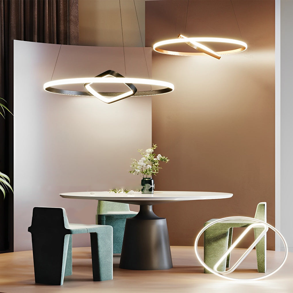 Modern Black LED Pendant Light with Rotatable Inner Ring and Stepless Dimming for Dining Room
