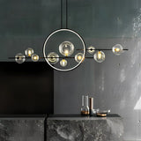 Modern Black Linear Chandelier with Moon Glass Bubble Globes and LED Strip Lighting for Dining Room