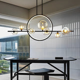 Modern Black Linear Chandelier with Moon Glass Bubble Globes and LED Strip Lighting for Dining Room