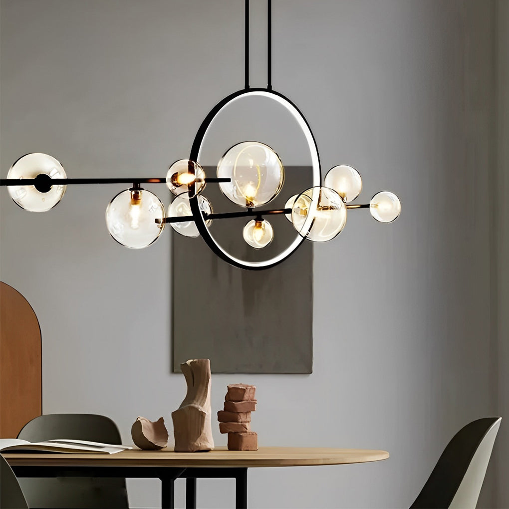 Modern Black Linear Chandelier with Moon Glass Bubble Globes and LED Strip Lighting for Dining Room
