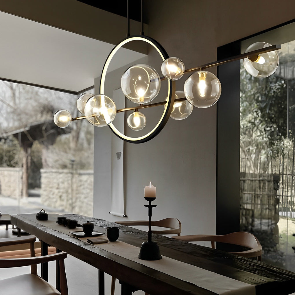 Modern Black Linear Chandelier with Moon Glass Bubble Globes and LED Strip Lighting for Dining Room