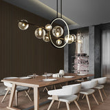 Modern Black Linear Chandelier with Moon Glass Bubble Globes and LED Strip Lighting for Dining Room