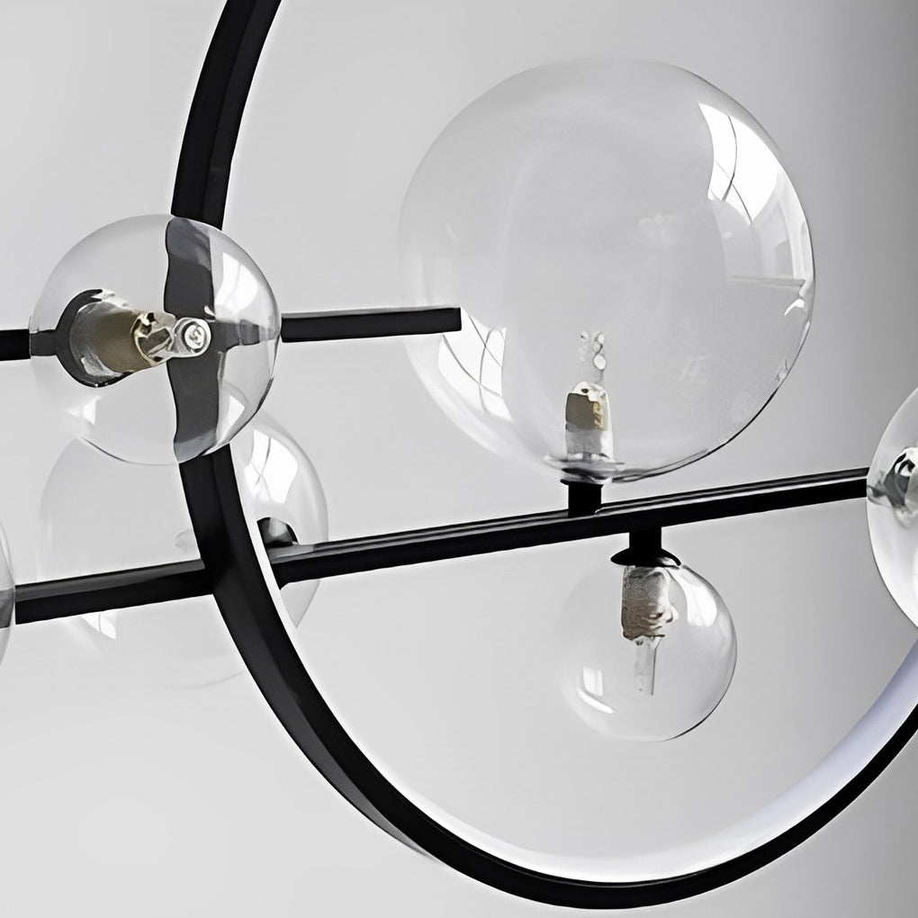 Modern Black Linear Chandelier with Moon Glass Bubble Globes and LED Strip Lighting for Dining Room