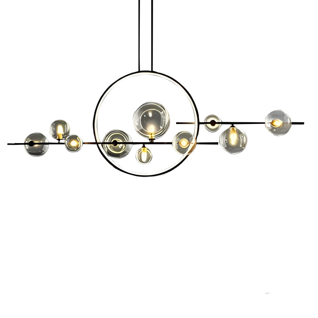 Modern Black Linear Chandelier with Moon Glass Bubble Globes and LED Strip Lighting for Dining Room