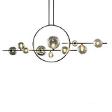 Modern Black Linear Chandelier with Moon Glass Bubble Globes and LED Strip Lighting for Dining Room