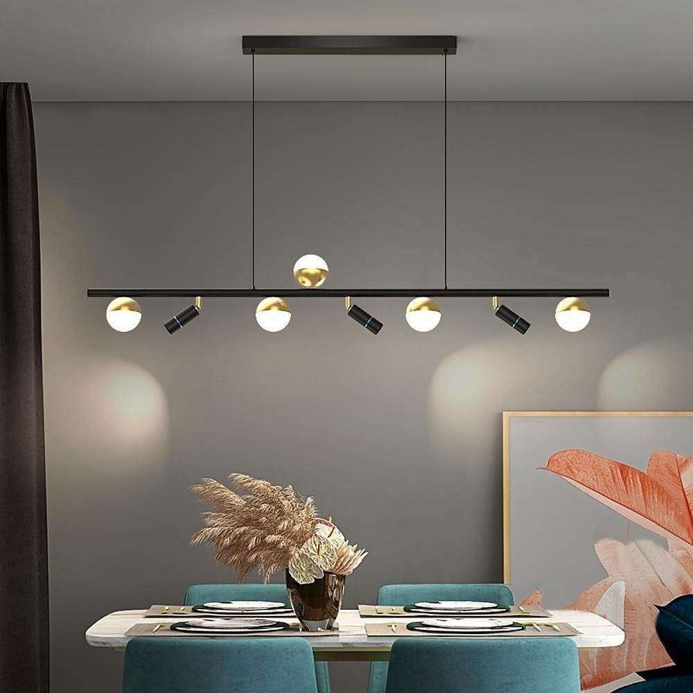 Modern Black Linear Island Chandelier with Acrylic Globe Shades and Spotlights for Kitchen Dining Room