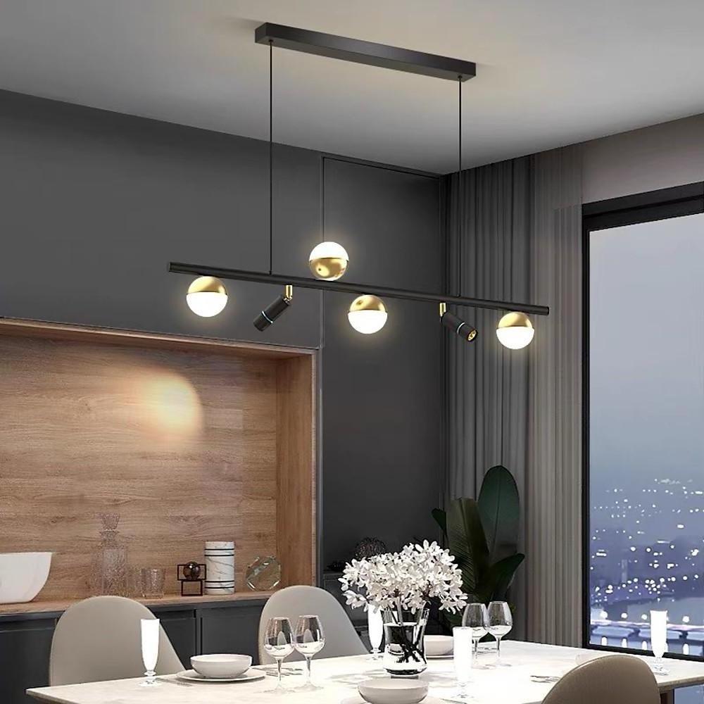 Modern Black Linear Island Chandelier with Acrylic Globe Shades and Spotlights for Kitchen Dining Room