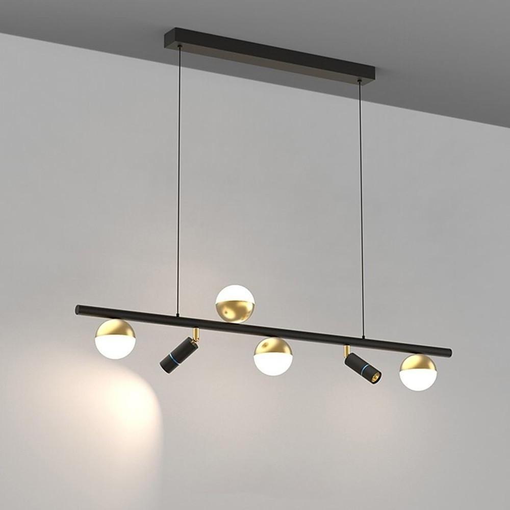 Modern Black Linear Island Chandelier with Acrylic Globe Shades and Spotlights for Kitchen Dining Room