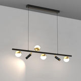 Modern Black Linear Island Chandelier with Acrylic Globe Shades and Spotlights for Kitchen Dining Room