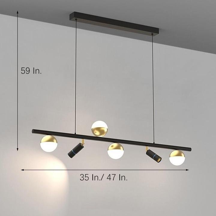 Modern Black Linear Island Chandelier with Acrylic Globe Shades and Spotlights for Kitchen Dining Room