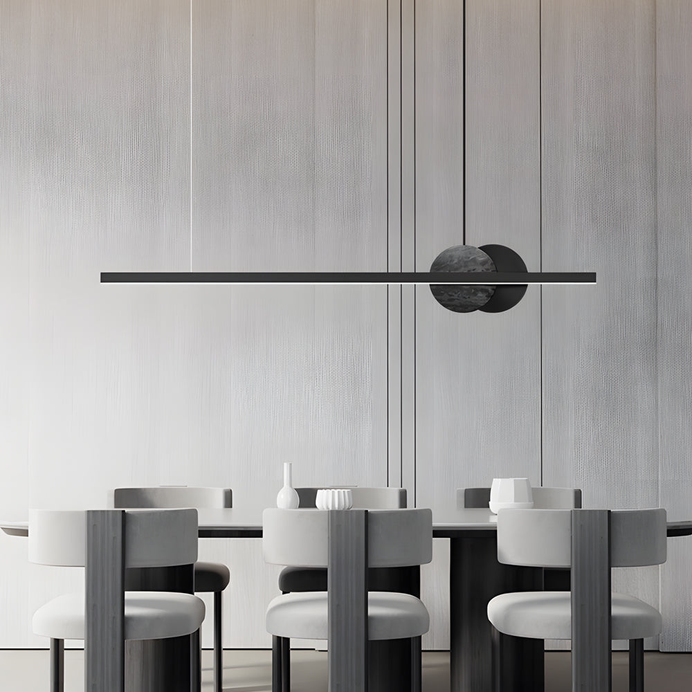 Modern Black Linear LED Pendant Light with Round Marble Accents for Kitchen Island and Dining Room