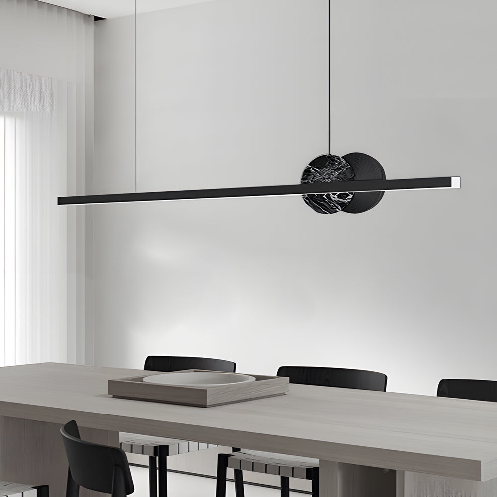 Modern Black Linear LED Pendant Light with Round Marble Accents for Kitchen Island and Dining Room