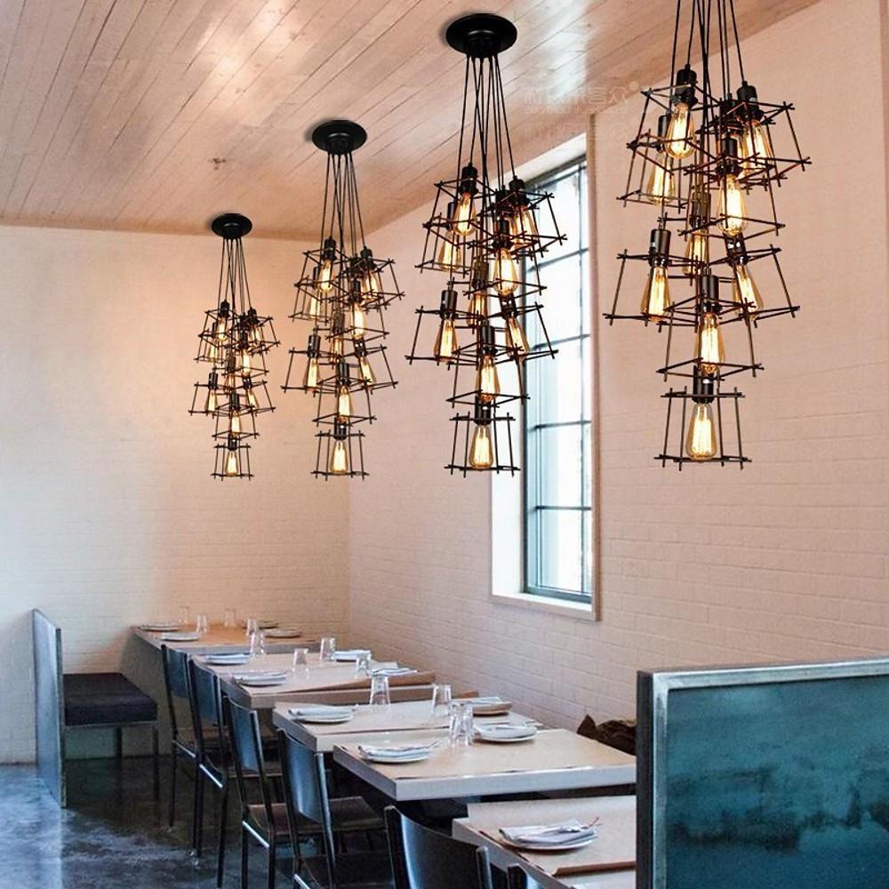 Modern Black Metal Lantern Pendant Light Square Industrial Hanging Fixture for Dining Room