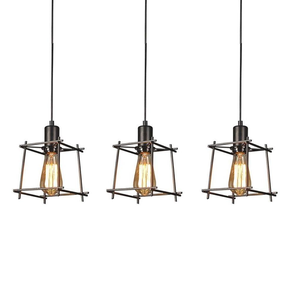 Modern Black Metal Lantern Pendant Light Square Industrial Hanging Fixture for Dining Room