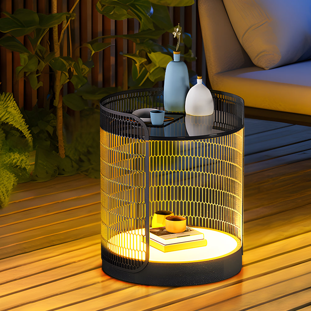 Modern Black Outdoor Mesh Floor Lamp with Integrated Side Table and LED Lighting