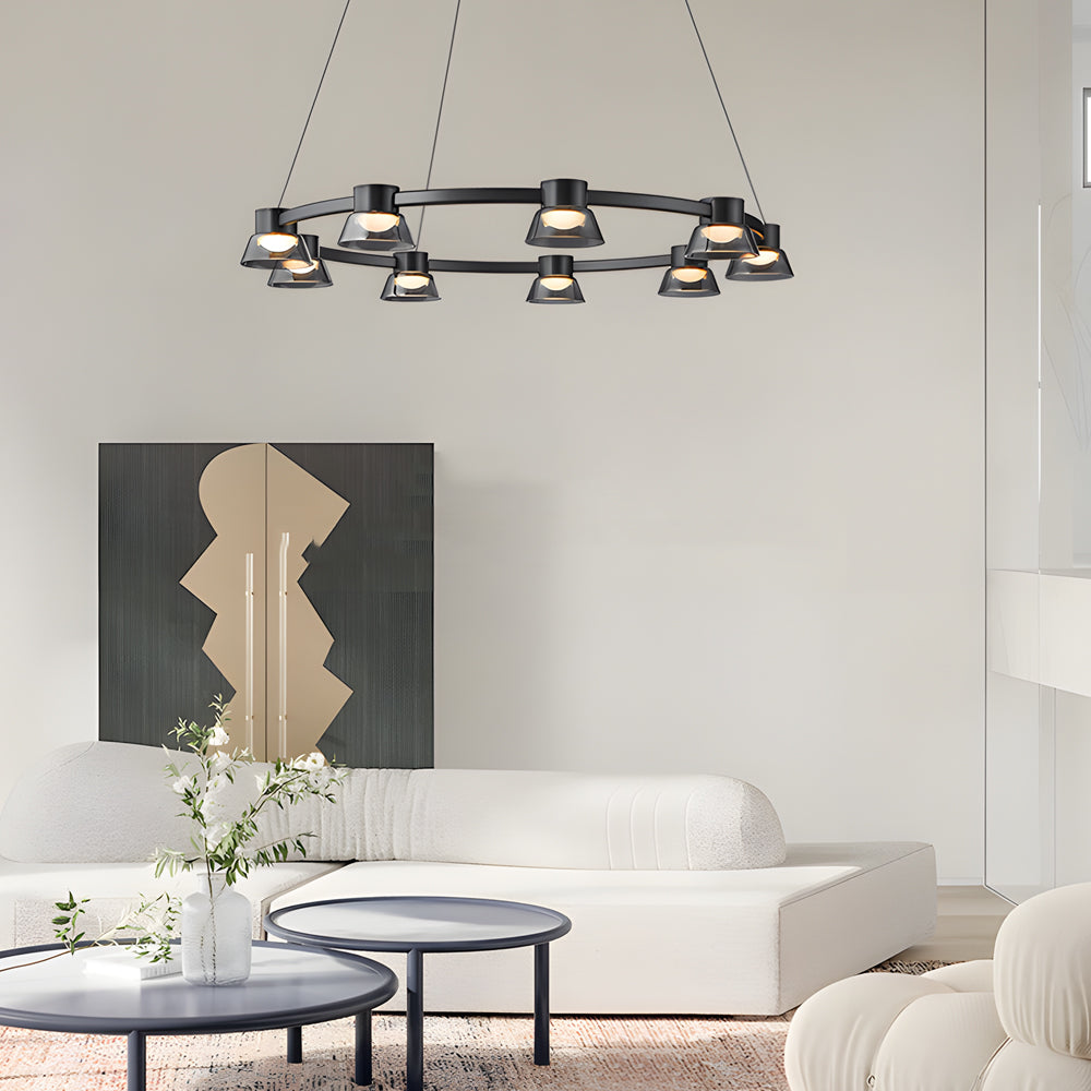 Modern Black Ring LED Pendant Light with Smoke Gray Glass Shades and Integrated Dimmable Lighting