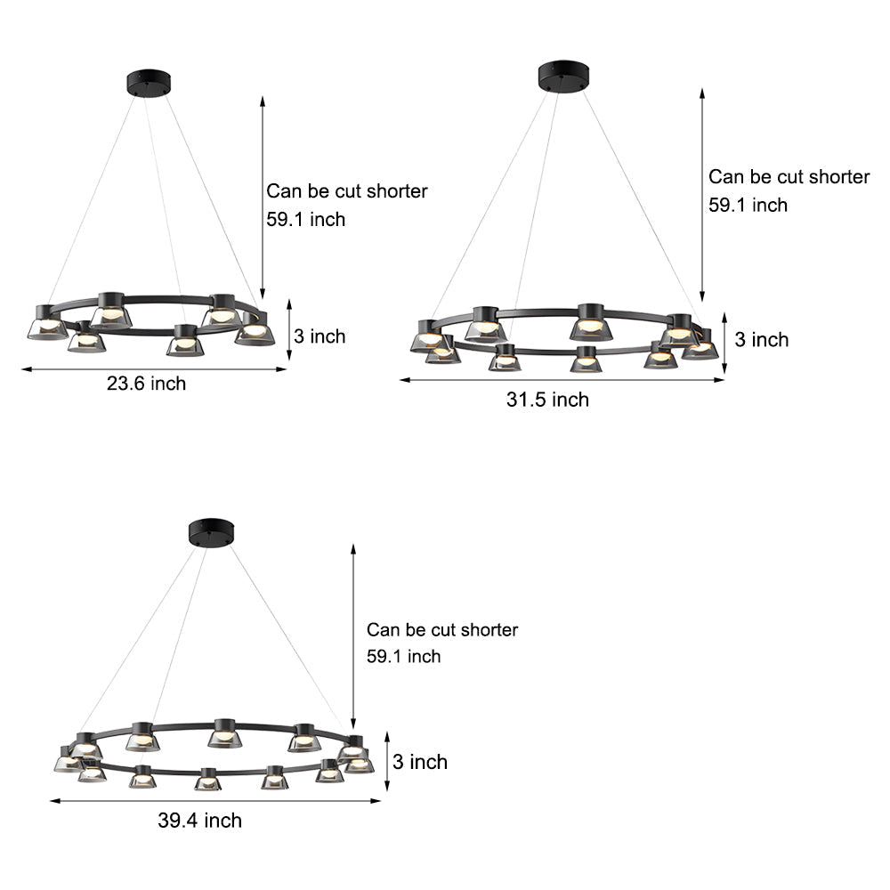 Modern Black Ring LED Pendant Light with Smoke Gray Glass Shades and Integrated Dimmable Lighting