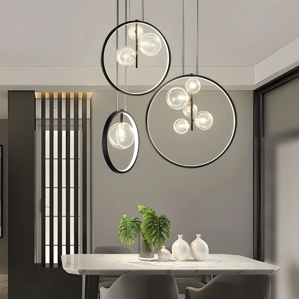 Modern Black Ring Pendant Light with Clear Glass Globe Bubbles for Dining Room