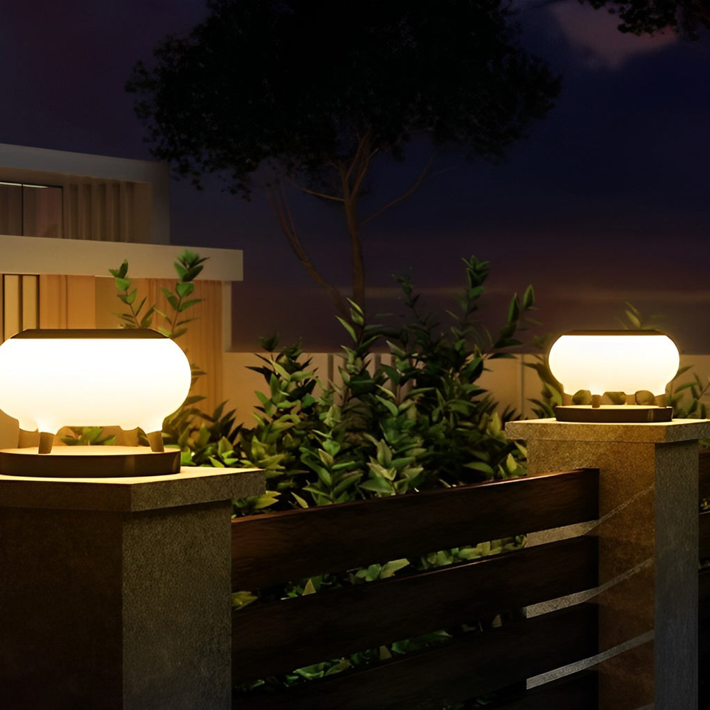 Modern Black Round Drum LED Solar Fence Post Lights Waterproof Outdoor Garden Deck Cap Lighting