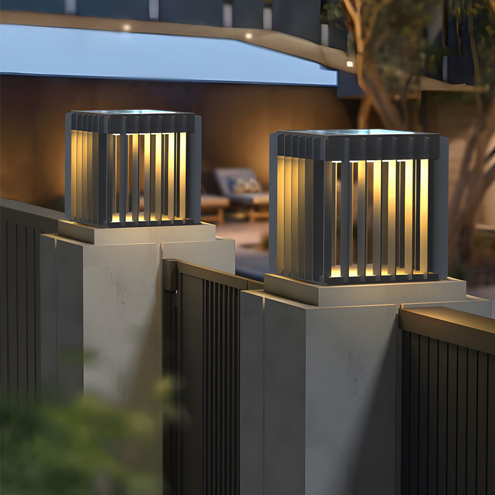 Modern Black Square LED Outdoor Post Light Solar and Hardwired Exterior Pillar Lantern