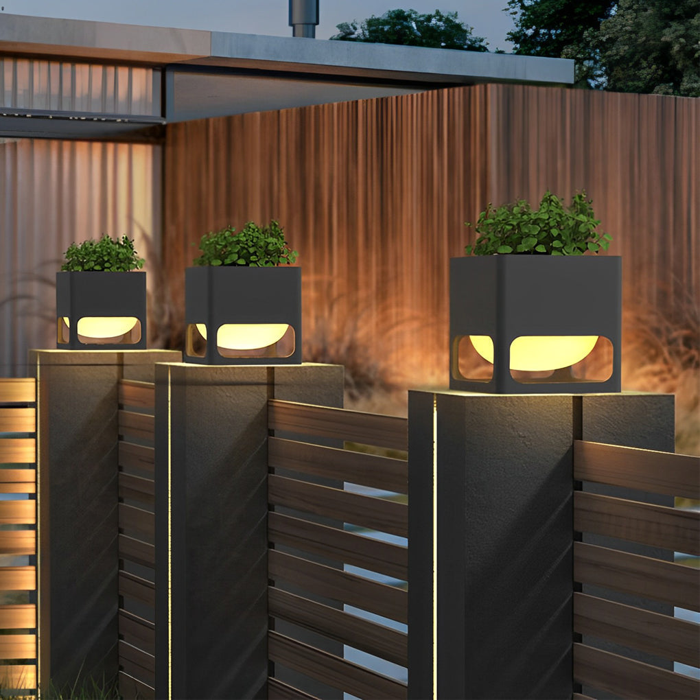Modern Black Square Waterproof LED Outdoor Fence Post Light with Integrated Flowerpot Planter