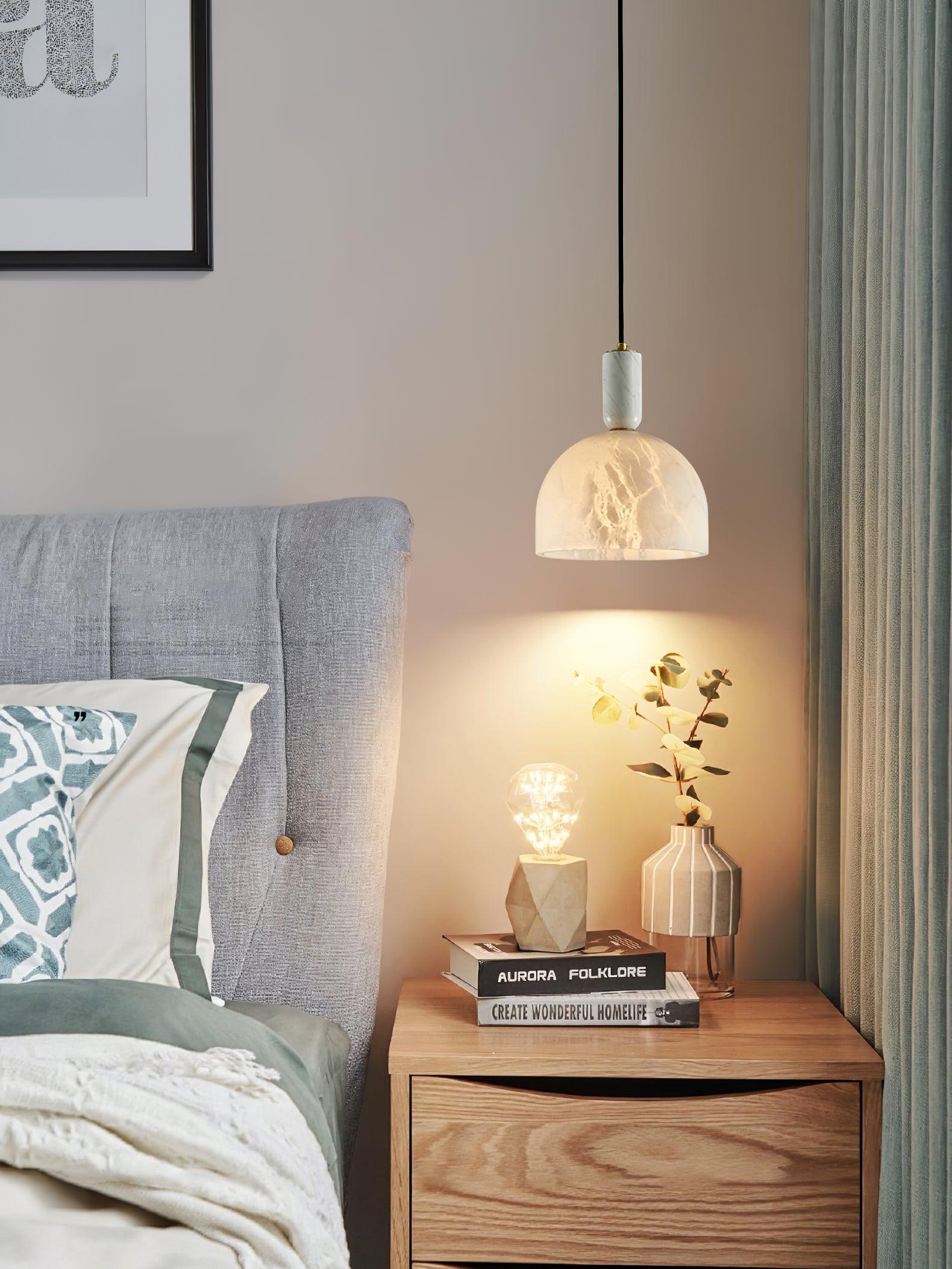 Modern Blair Alabaster Hanging Light with Brass Details and Natural Stone Shade for Kitchen