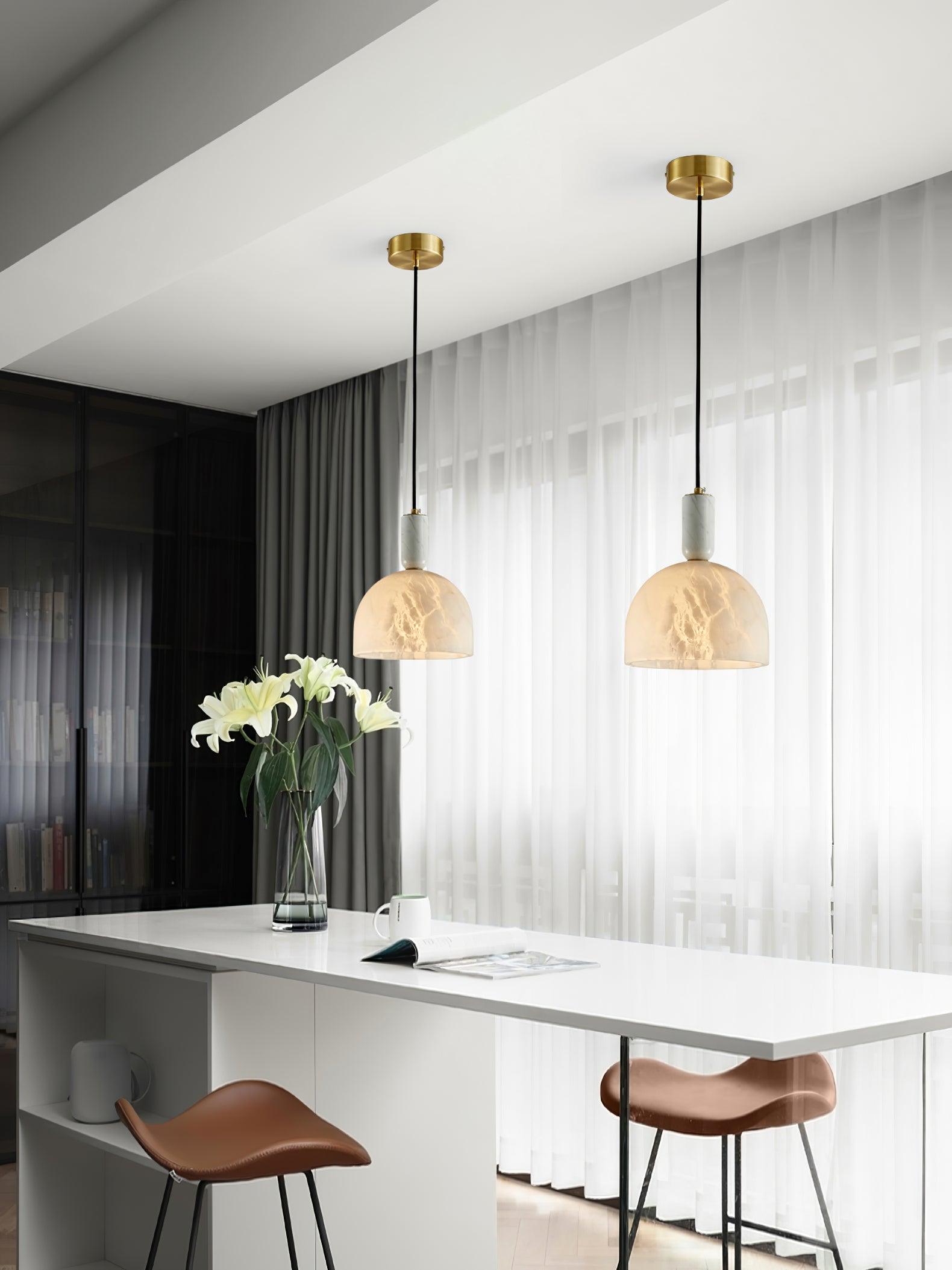 Modern Blair Alabaster Hanging Light with Brass Details and Natural Stone Shade for Kitchen