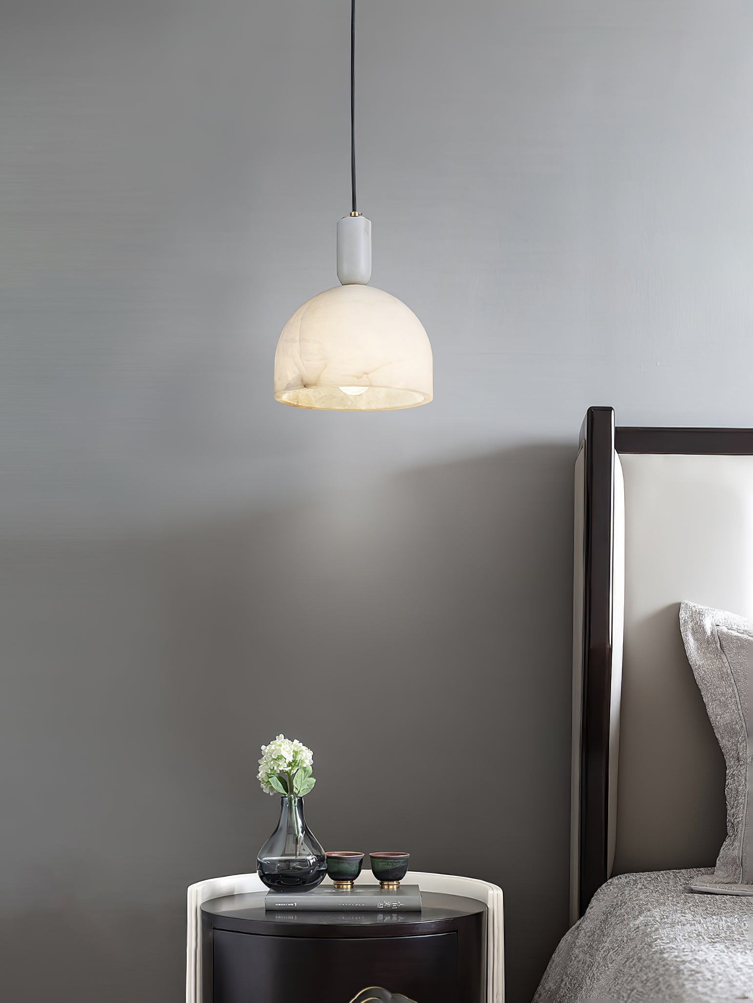 Modern Blair Alabaster Hanging Light with Brass Details and Natural Stone Shade for Kitchen