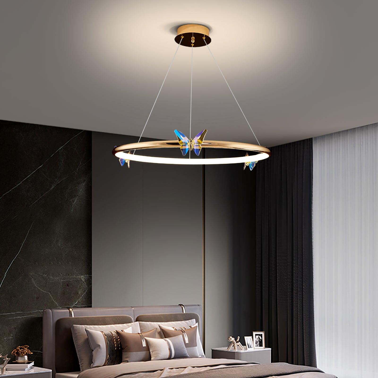 Modern Blue Crystal Butterfly LED Chandelier Luxury Gold Hanging Pendant Light