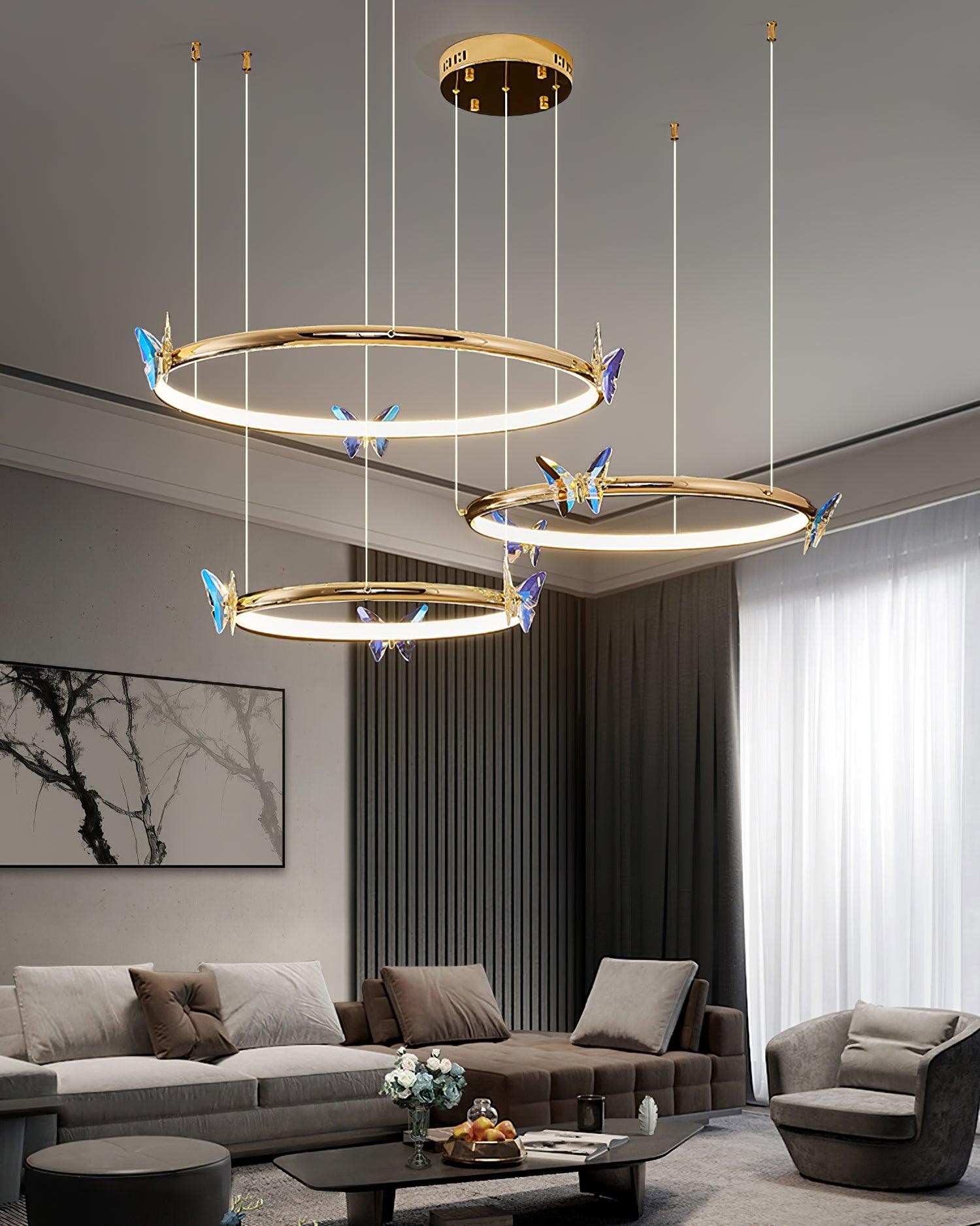 Modern Blue Crystal Butterfly LED Chandelier Luxury Gold Hanging Pendant Light