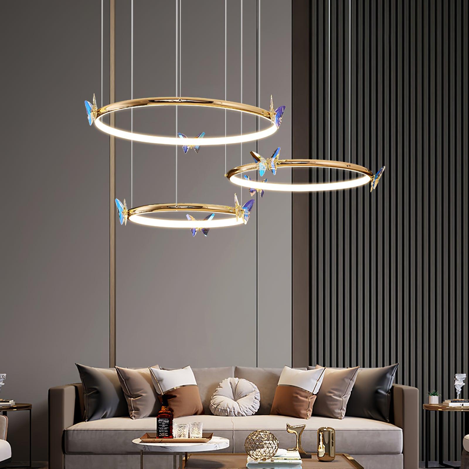 Modern Blue Crystal Butterfly LED Chandelier Luxury Gold Hanging Pendant Light