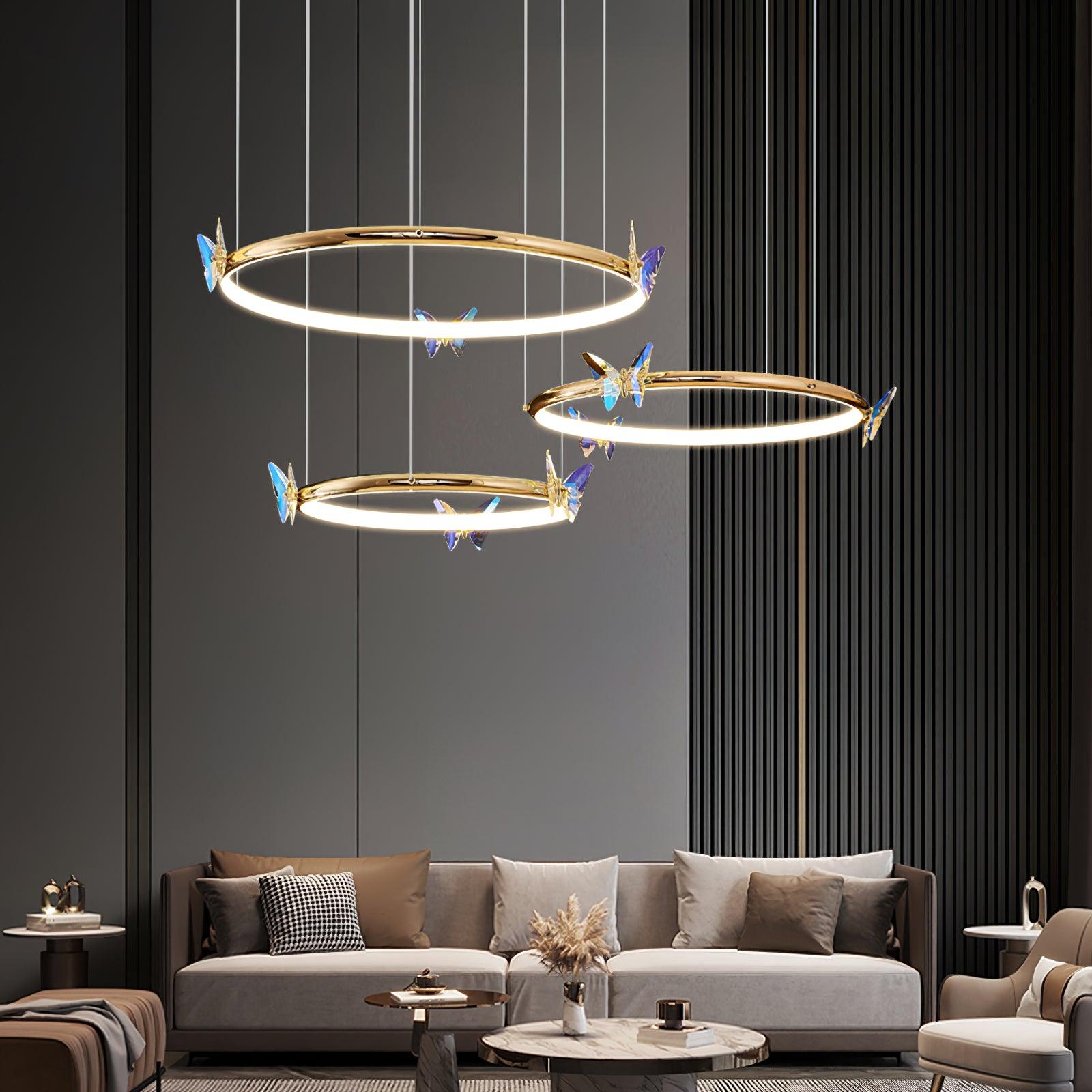 Modern Blue Crystal Butterfly LED Chandelier Luxury Gold Hanging Pendant Light