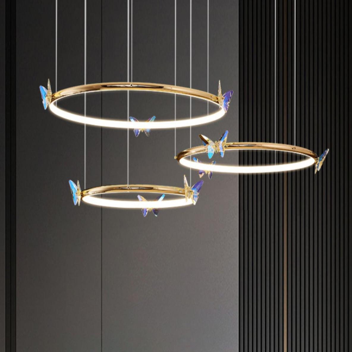 Modern Blue Crystal Butterfly LED Chandelier Luxury Gold Hanging Pendant Light