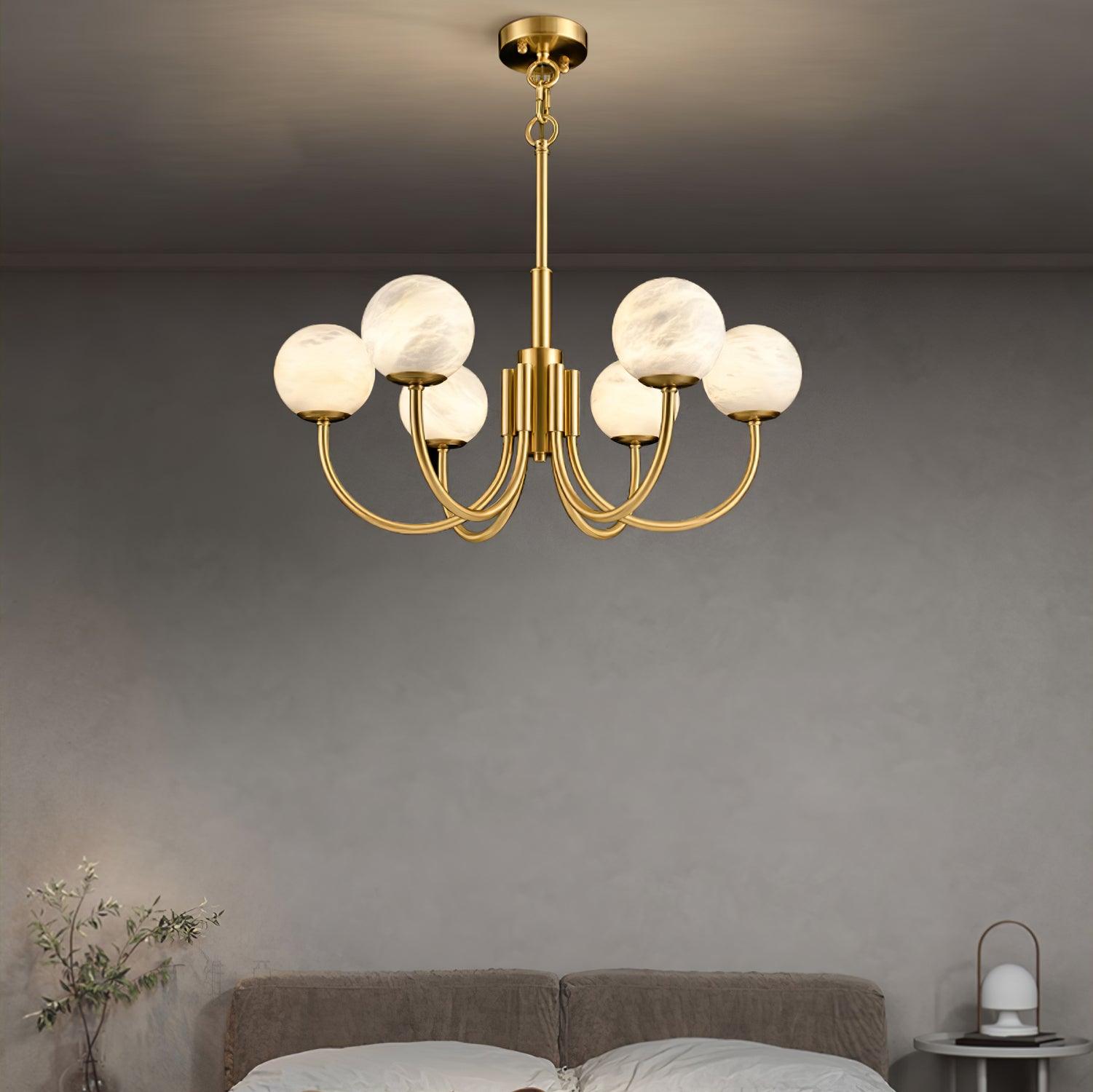 Modern Brass and Alabaster Globe Candelabrum Chandelier for Luxury Interiors