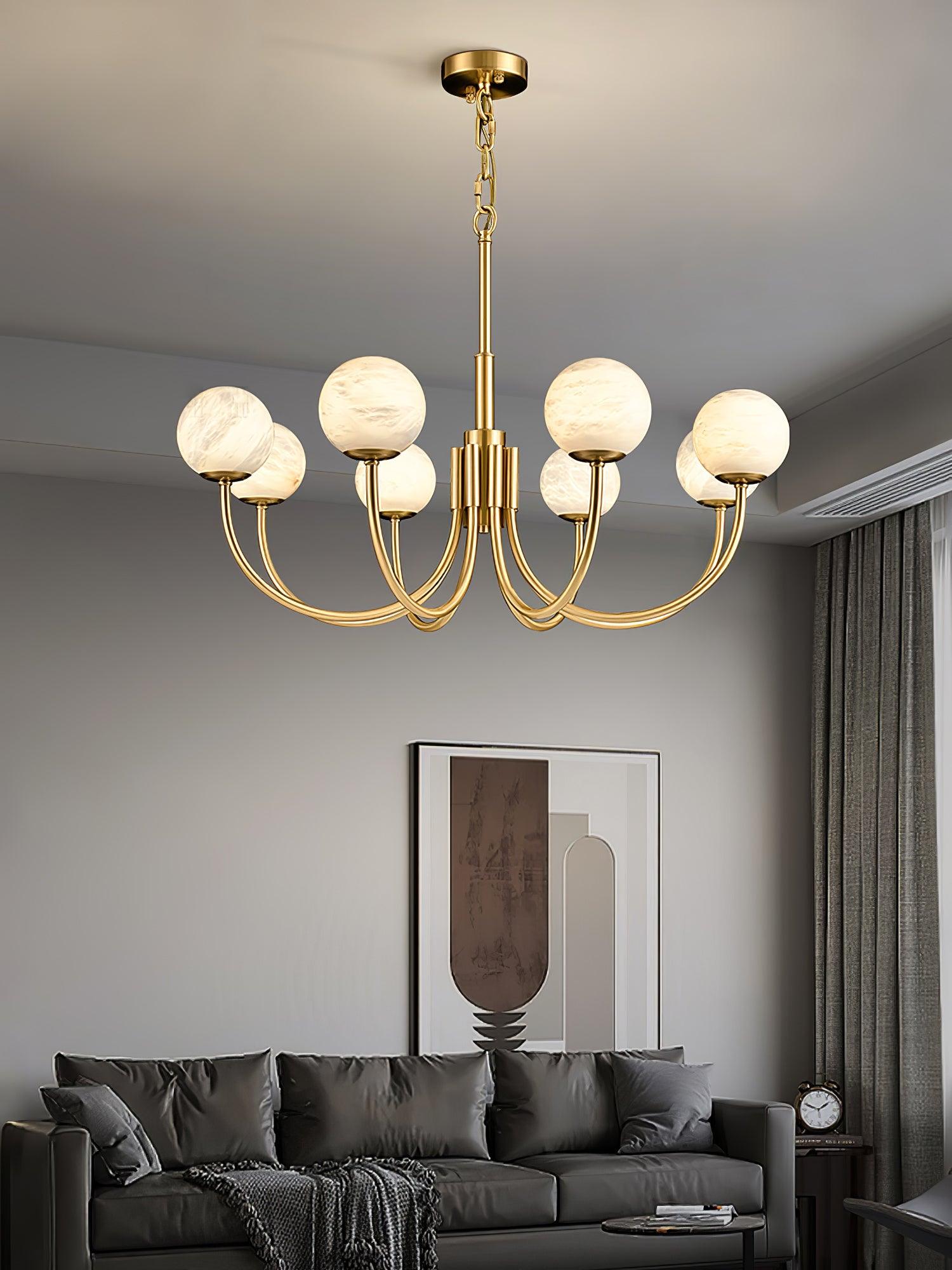 Modern Brass and Alabaster Globe Candelabrum Chandelier for Luxury Interiors