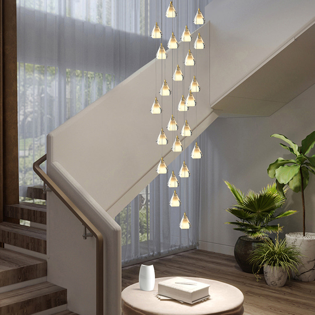 Modern Brass and Crystal Staircase Chandelier with Three Step Dimming for Villa and High Ceiling Foyer
