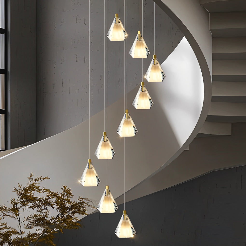 Modern Brass and Crystal Staircase Chandelier with Three Step Dimming for Villa and High Ceiling Foyer