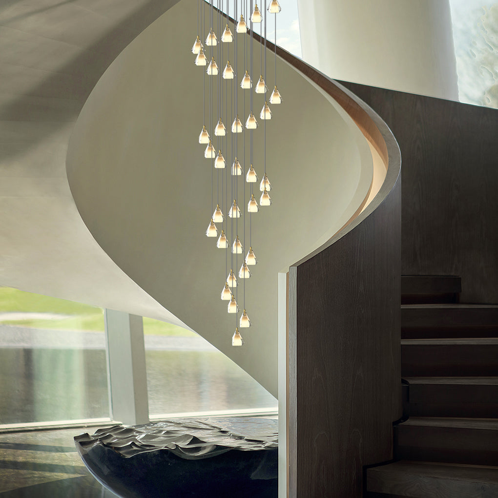 Modern Brass and Crystal Staircase Chandelier with Three Step Dimming for Villa and High Ceiling Foyer