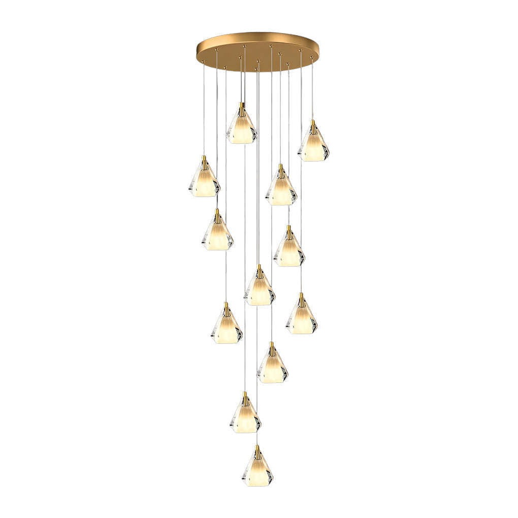 Modern Brass and Crystal Staircase Chandelier with Three Step Dimming for Villa and High Ceiling Foyer